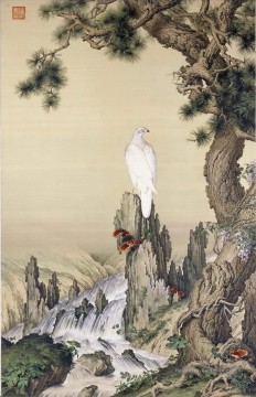 Lang brillant oiseau blanc près de la cascade ancienne Chine encre Giuseppe Castiglione oiseaux Peinture à l'huile